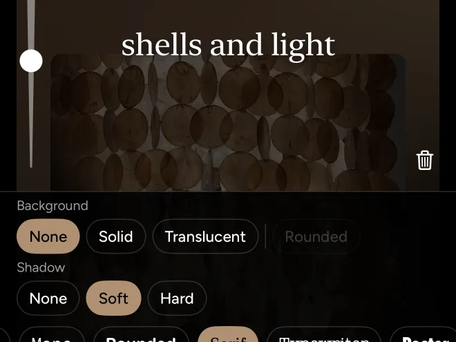 Editing a caption, with its background, shadow and font options