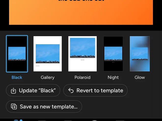 The templates strip, with the same photo in five looks